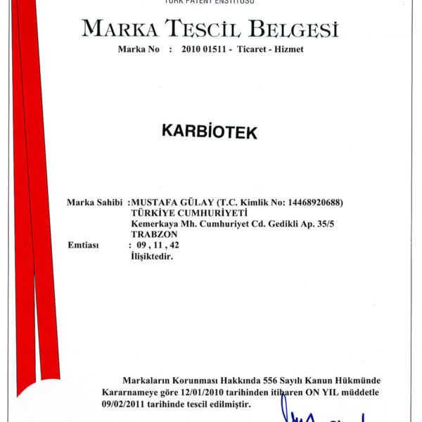 KARBIOTEK Marka Tescil Belgesi
